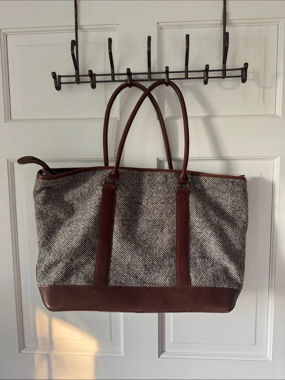 Vintage L.L. Bean Tan Tweed Tote with Brown Leather Trim and Handles